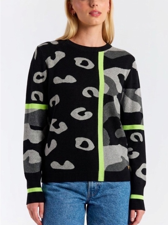 Brodie Cashmere Sweaters - WISPR by Brodie Cashmere Black, Gray & Neon Green Leopard-Print Crewneck Sweater